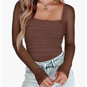 PINKMSTYLE Womens Square Neck Mesh Long Sleeve Bodysuit. Brown. Size XXL.‎ NWT
